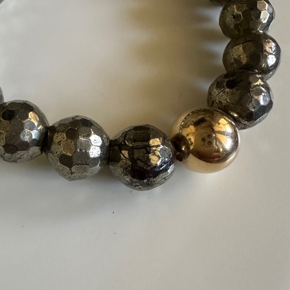 10mm Faceted Pyrite Stretch Bracelet | 14K Gold Filled Ball Spacer | Metallic - Picture 5 of 6